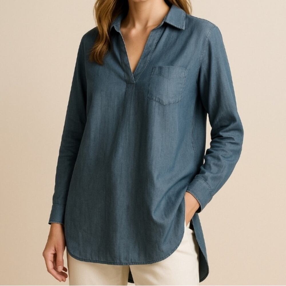 Soft Surroundings Tencel Popover Blouse Women's Size Small Blue Chambray - Picture 3 of 16